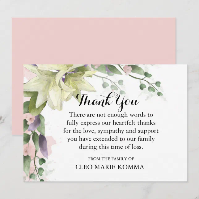 Watercolor White Lilies Sympathy Thank You Card | Zazzle