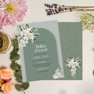 Watercolor White Lily and green background Baby Sh Invitation