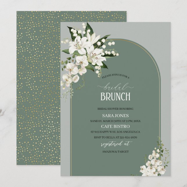 Watercolor White Lily and green background Bridal  Invitation (Front/Back)