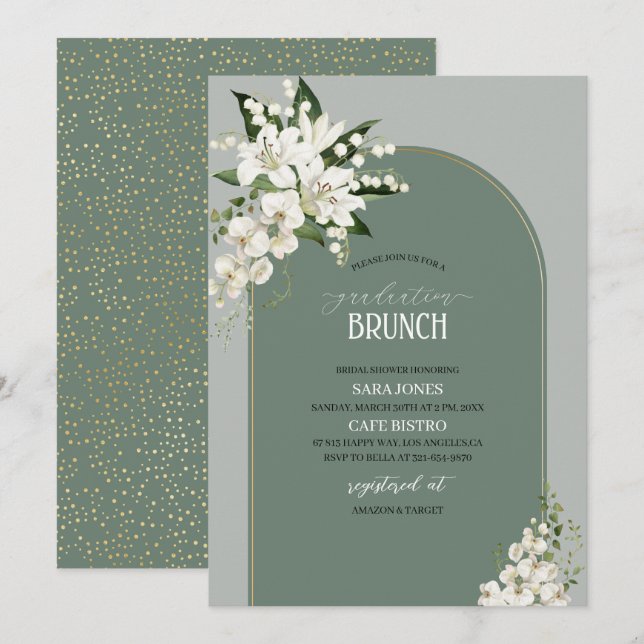 Watercolor White Lily and green background graduat Invitation (Front/Back)