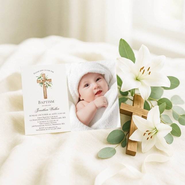 Watercolor White Lily Floral Baptism Photo Invitation (Creator Uploaded)