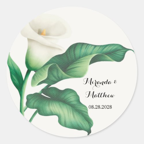 Watercolor White Lily With Green Foliage Wedding Classic Round Sticker