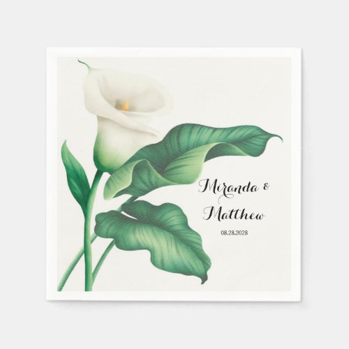 Watercolor White Lily With Green Foliage Wedding Napkins