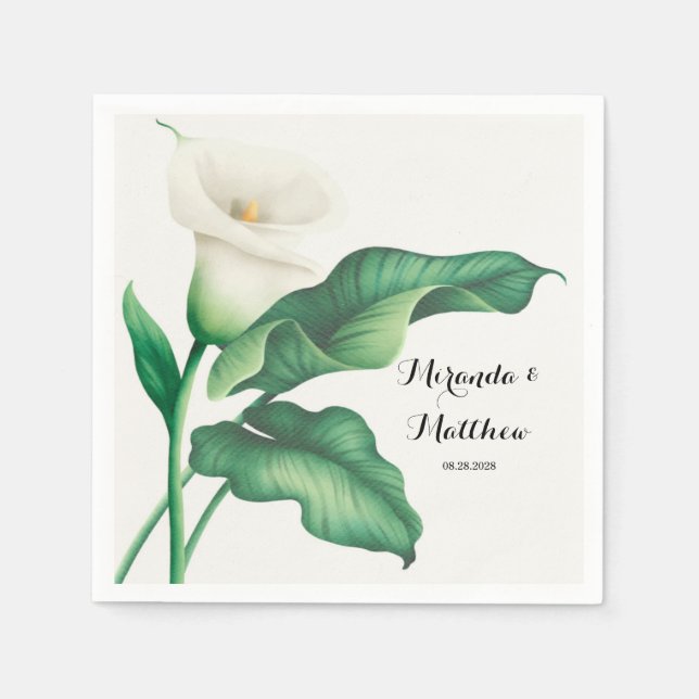 Watercolor White Lily With Green Foliage Wedding Napkins (Front)