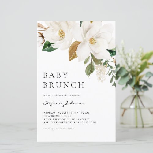 Watercolor White Magnolia Baby Brunch Invitation