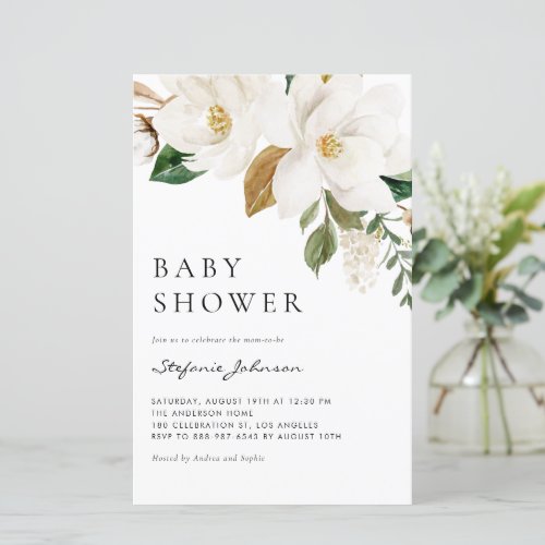 Watercolor White Magnolia Baby Shower Invitation