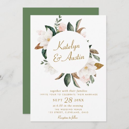 Watercolor white magnolia floral wedding invitation