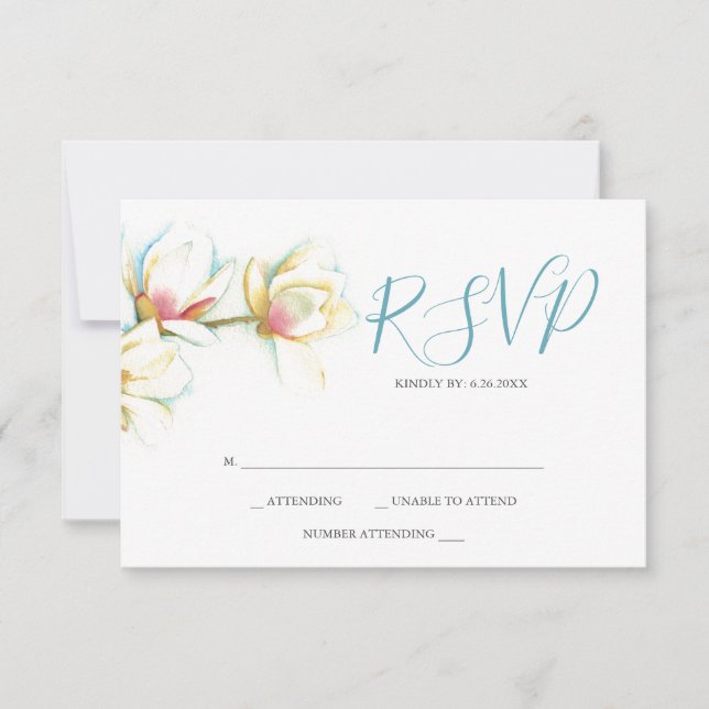 Watercolor White Magnolia Flower Reply RSVP Cards (Front)