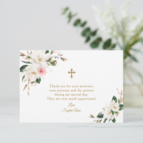 Watercolor White Magnolia Pink Floral Baptism  Thank You Card