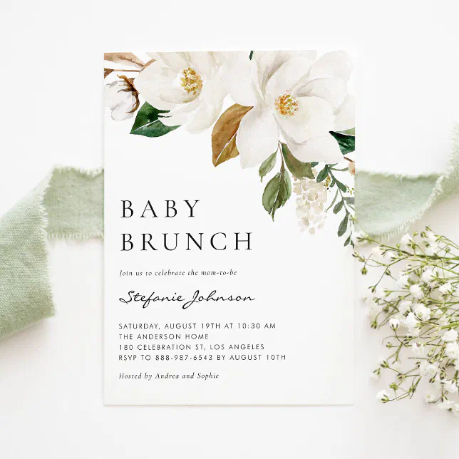 Watercolor White Magnolia Rustic Baby Brunch Invitation Zazzle