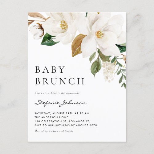 Watercolor White Magnolia Rustic Baby Brunch Invitation Postcard