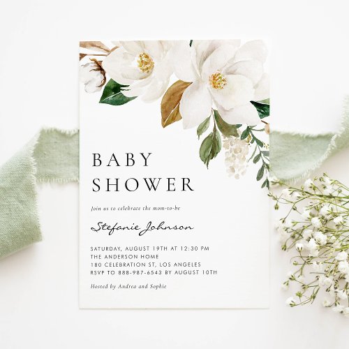 Watercolor White Magnolia Rustic Baby Shower Invitation