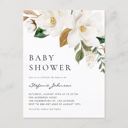 Watercolor White Magnolia Rustic Baby Shower Invitation Postcard