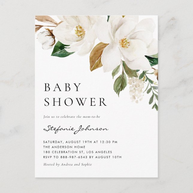 Watercolor White Magnolia Rustic Baby Shower Invitation Postcard (Front)