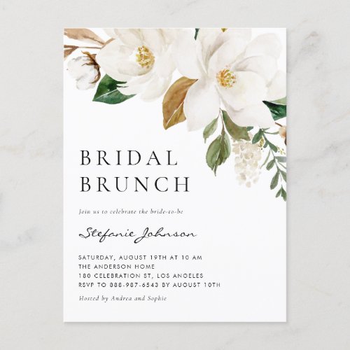 Watercolor White Magnolia Rustic Bridal Brunch Invitation Postcard