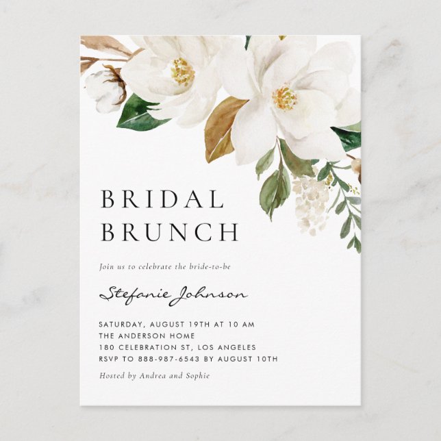 Watercolor White Magnolia Rustic Bridal Brunch Invitation Postcard (Front)