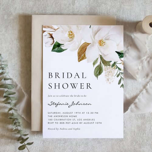 Watercolor White Magnolia Rustic Bridal Shower Invitation