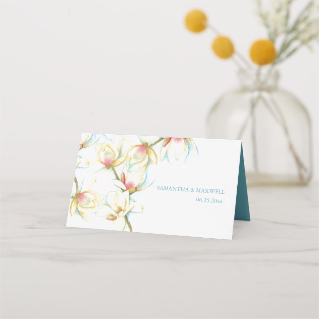 Watercolor White Magnolia Wedding Place Card (Back)