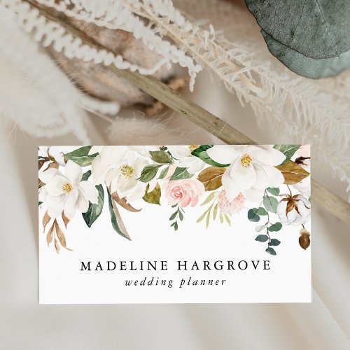 Watercolor White Magnolias  Blush Floral Business Card