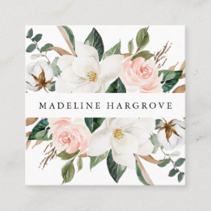 Watercolor White Magnolias & Blush Floral Square Business Card