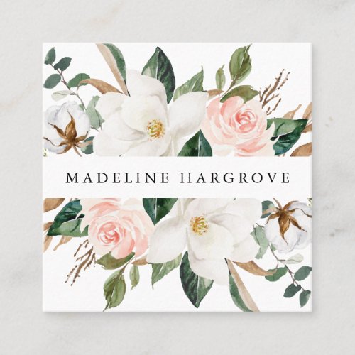 Watercolor White Magnolias  Blush Floral Square Business Card