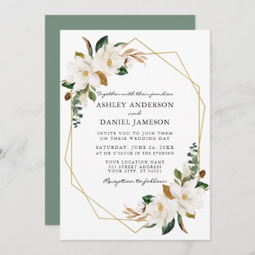 Watercolor White Magnolias Geo Wedding Sage Green Invitation