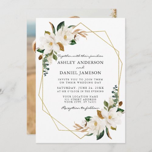 Watercolor White Magnolias Gold Photo Wedding Invitation