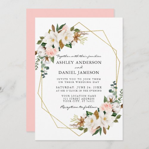 Watercolor White Magnolias Pink Roses Gold Wedding Invitation