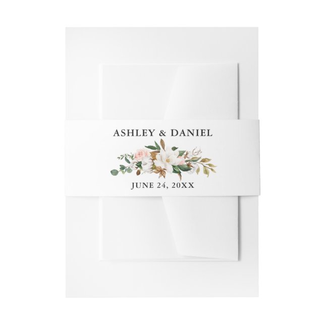Watercolor White Magnolias Pink Roses Invitation Belly Band (Front Example)
