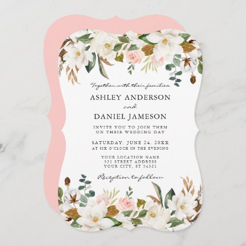 Watercolor White Magnolias Pink Roses Wedding BR Invitation