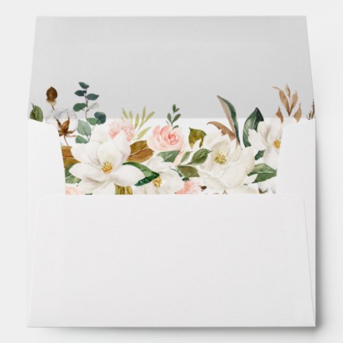 Watercolor White Magnolias Pink Roses Wedding Envelope