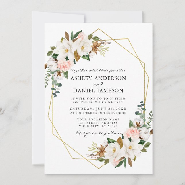 Watercolor White Magnolias Pink Roses Wedding Gold Invitation (Front)