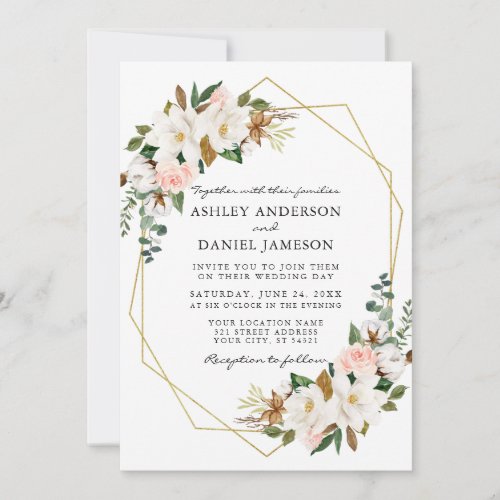 Watercolor White Magnolias Pink Roses Wedding Gold Invitation