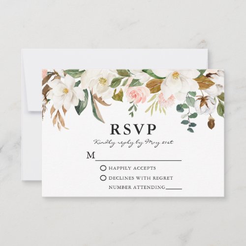 Watercolor White Magnolias Pink Roses Wedding RSVP Card