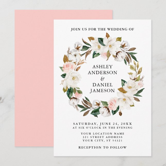 Watercolor White Magnolias Pink Roses Wreath Invitation (Front/Back)