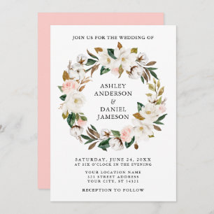 Watercolor White Magnolias Pink Roses Wreath Invitation