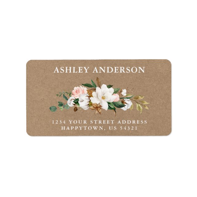 Watercolor White Magnolias Roses Kraft Address Label (Front)