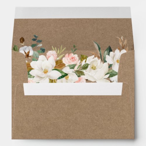 Watercolor White Magnolias Roses Kraft Style Envelope