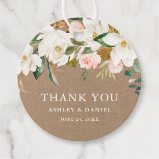 Watercolor White Magnolias Roses Wedding Kraft Favor Tags
