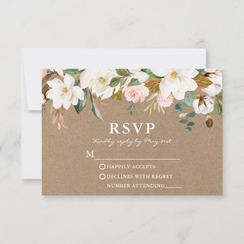 Watercolor White Magnolias Roses Wedding Kraft RSVP Card