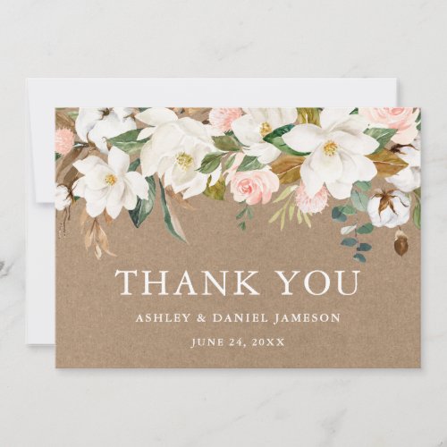 Watercolor White Magnolias Roses Wedding Kraft Thank You Card