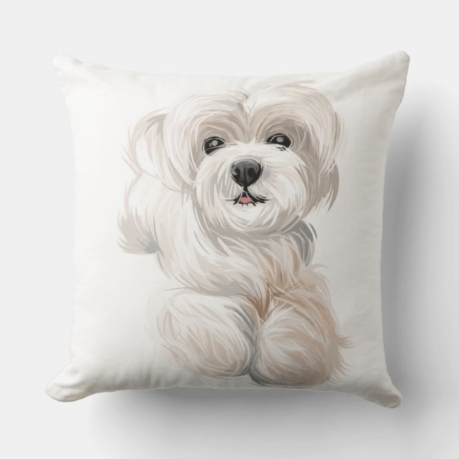 WATERCOLOR WHITE MALTESE PUPPY DOG THROW PILLOW (Front)