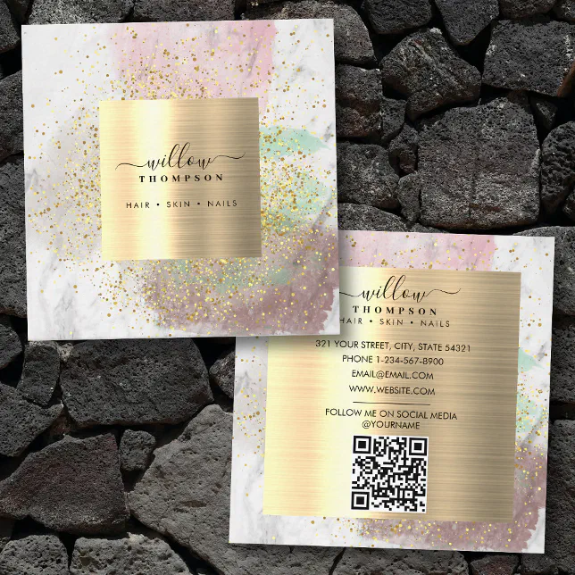 Marble Gold Code Watercolor White Marble Faux Gold Glitter QR Code Square Business Card ...
