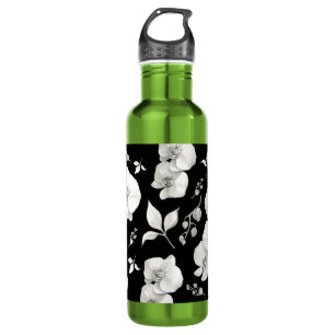 Watercolor White Orchid on Black Stainless Steel Water Bottle