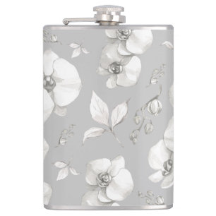 Watercolor White Orchid on Grey Flask