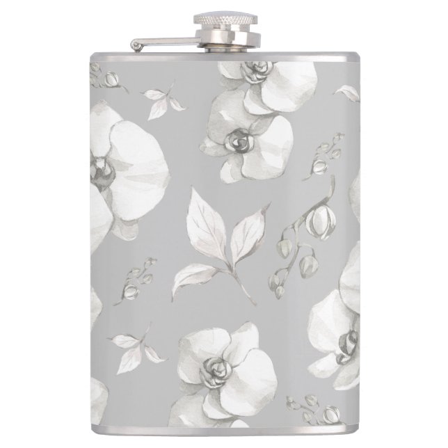 Watercolor White Orchid on Grey | Flask (Front)