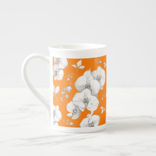 Watercolor White Orchid on Orange  Bone China Mug