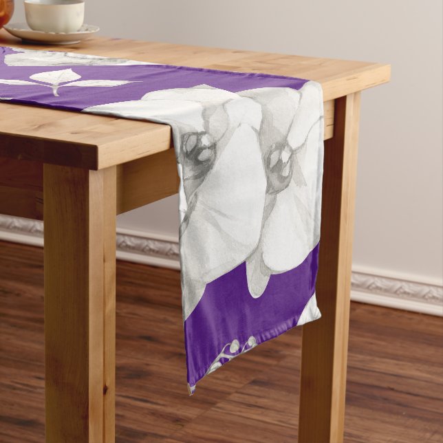 Watercolor White Orchid on Purple | Long Table Runner (In Situ)