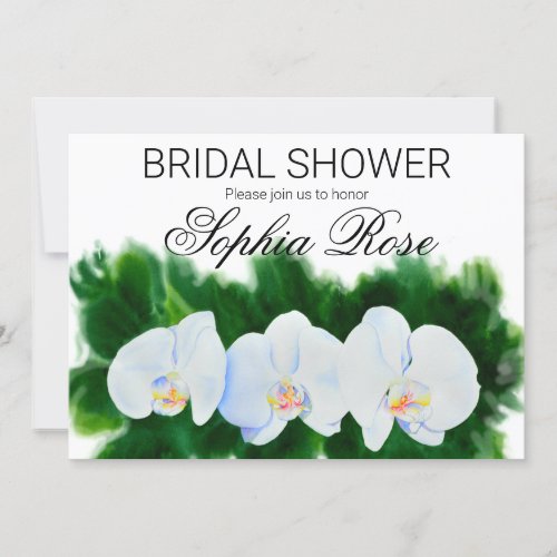Watercolor white orchid painting bridal shower invitation
