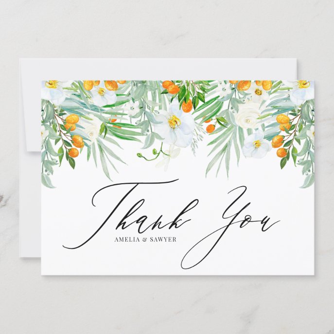 Watercolor White Orchids and Kumquats Garland Thank You Card